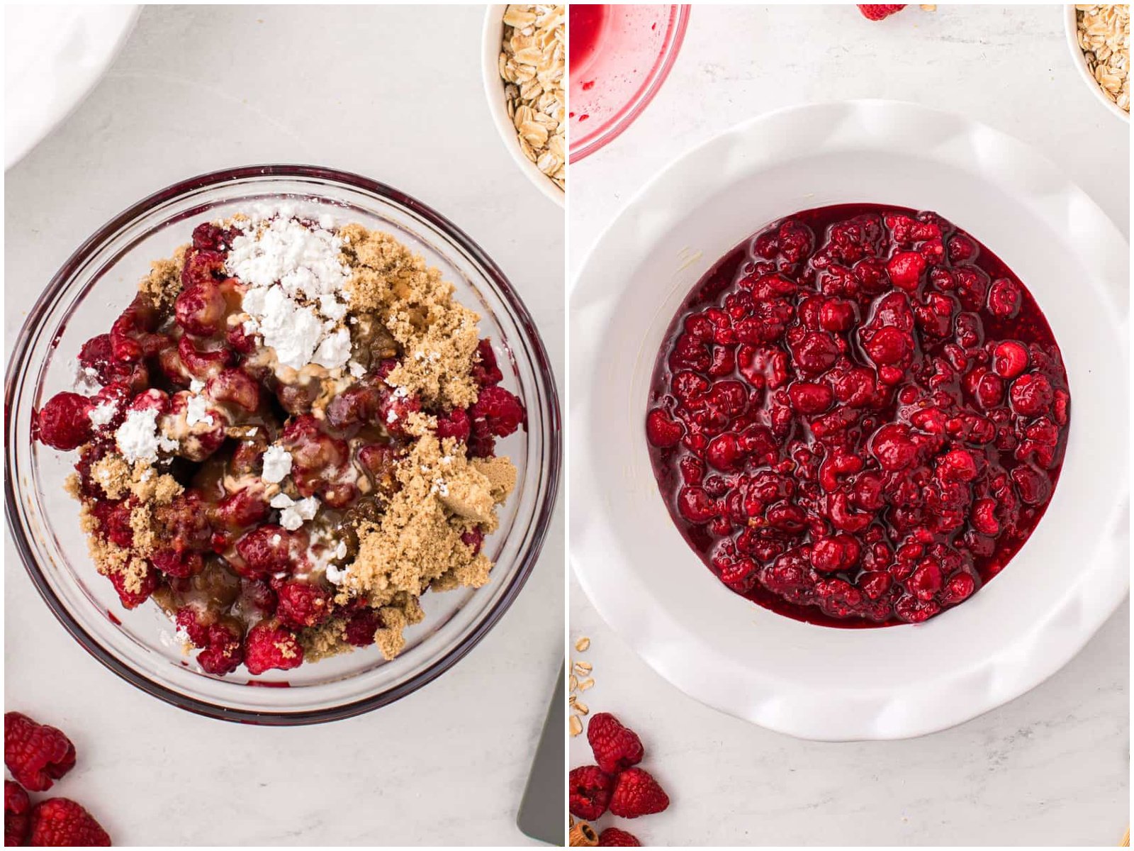 collage of two photos: A glass mixing bowl with light brown sugar, cornstarch, lemon juice and vanilla extract; raspberry filling in a pie pan.